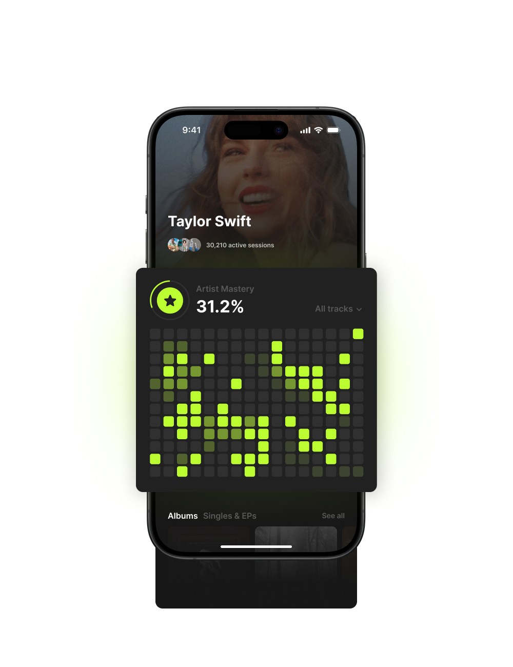 iPhone scrren displaying an artist profile for Taylor Swift. It shows her name, number of active sessions (30,210), and an 'Artist Mastery' percentage of 31.2%. Below is a grid visualization with green blocks representing song mastery data.