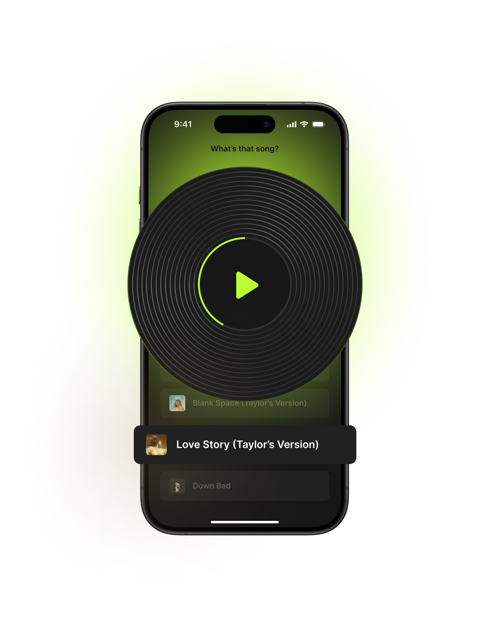 iPhone screen showing music guessing game. Large black vinyl record graphic with green play button. Text at top reads 'What's that song?'. Below record, answer revealed: 'Love Story (Taylor's Version)'. Game challenges users to quickly identify songs